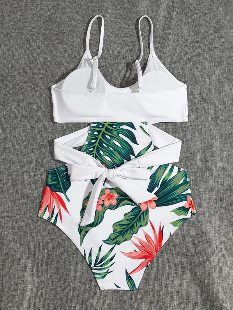 Tropical Plant Med Trykk På Kryss Og Tvers Utskåret Strappy One Piece Hawaii Style Badetøy For Kvinner