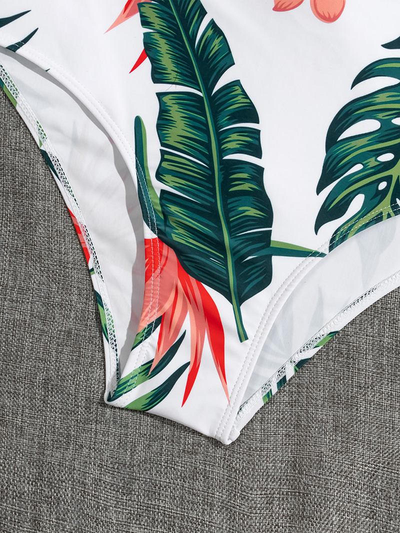 Tropical Plant Med Trykk På Kryss Og Tvers Utskåret Strappy One Piece Hawaii Style Badetøy For Kvinner