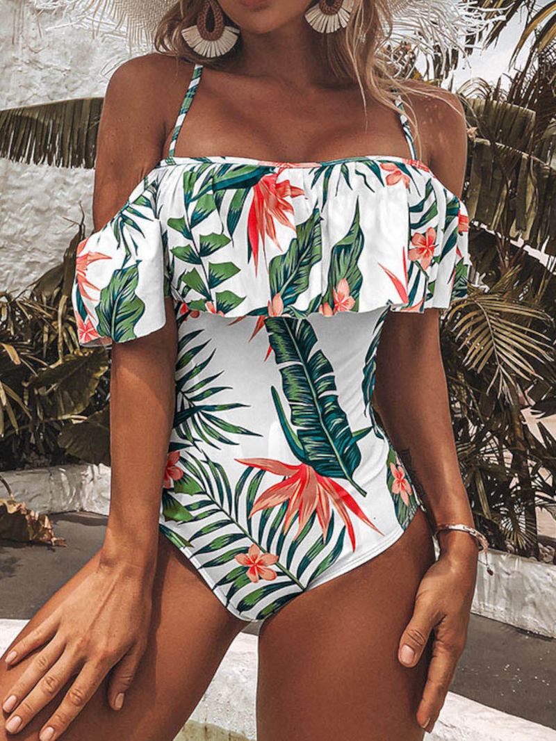 Tropical Plant Med Trykk Ruffle Strappy Backless Holiday One Piece Hawaii Style Badetøy