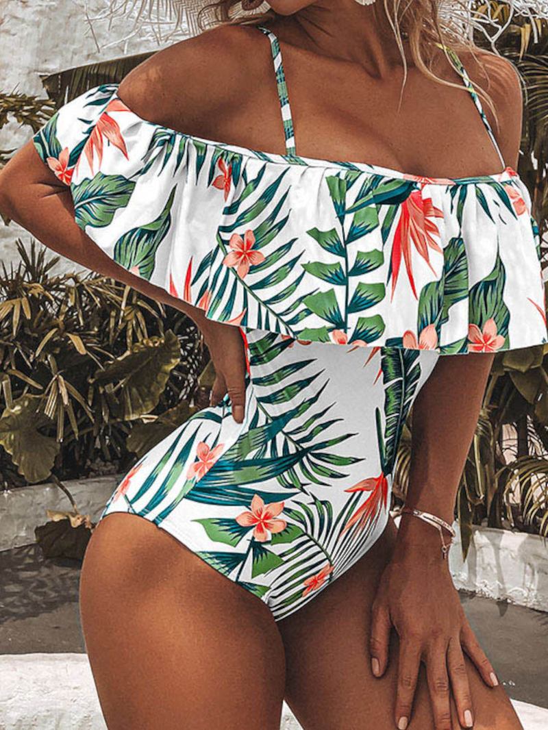 Tropical Plant Med Trykk Ruffle Strappy Backless Holiday One Piece Hawaii Style Badetøy