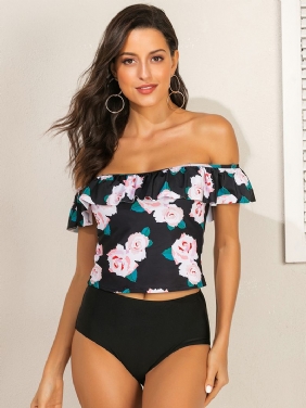 Kvinner Blomstertrykk Ruffles Høy Midje Tankini Hawaii Beach Badetøy