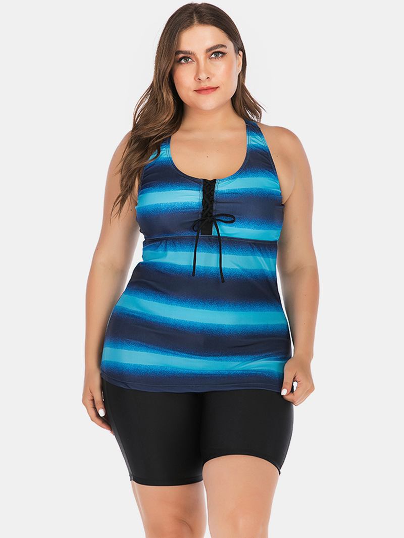 Plus Size Dame Front Bandasje Stripe Topp Todelt Badetøy Cover Belly Tankinis