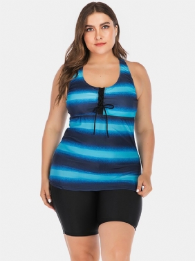 Plus Size Dame Front Bandasje Stripe Topp Todelt Badetøy Cover Belly Tankinis