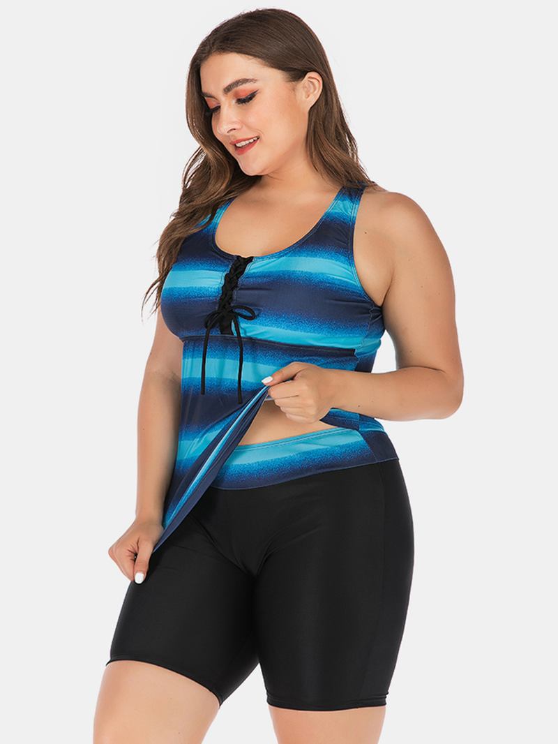 Plus Size Dame Front Bandasje Stripe Topp Todelt Badetøy Cover Belly Tankinis