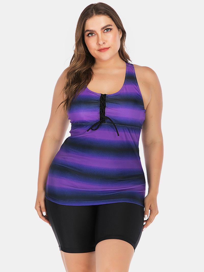 Plus Size Dame Front Bandasje Stripe Topp Todelt Badetøy Cover Belly Tankinis