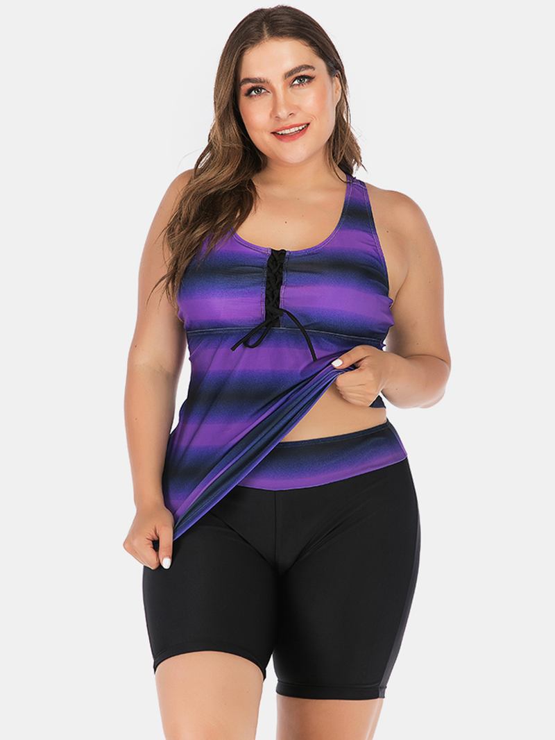 Plus Size Dame Front Bandasje Stripe Topp Todelt Badetøy Cover Belly Tankinis