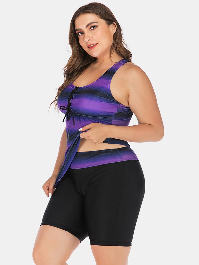 Plus Size Dame Front Bandasje Stripe Topp Todelt Badetøy Cover Belly Tankinis