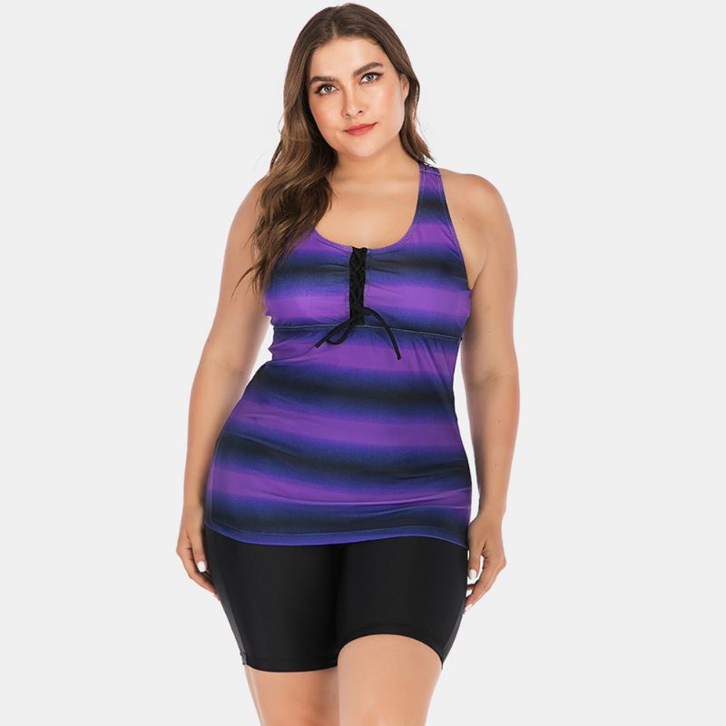 Plus Size Dame Front Bandasje Stripe Topp Todelt Badetøy Cover Belly Tankinis