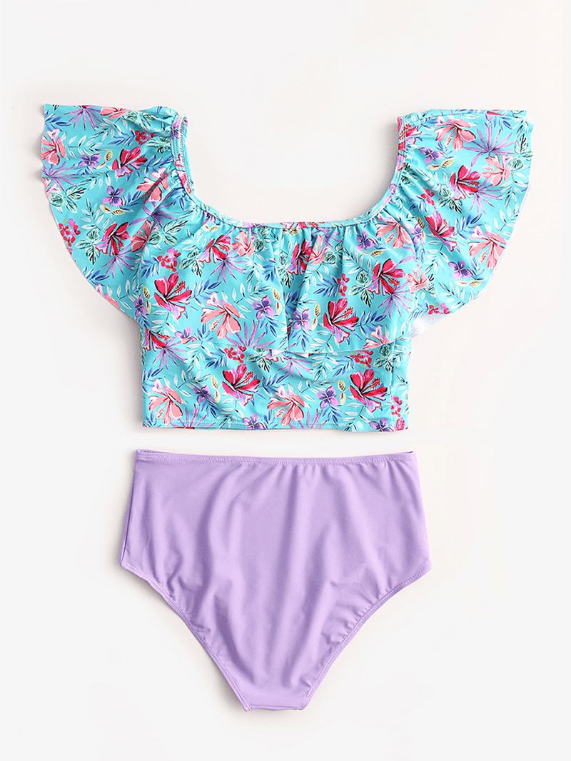 Tropical Plant Med Trykk Ruffles Bikini Med Høy Midje Hawaii Fritids Badedrakt For Kvinner