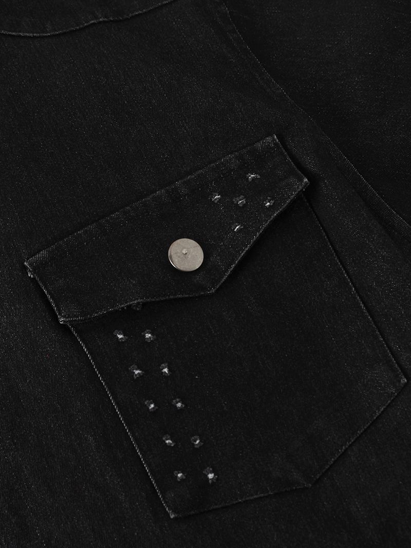 Herre Animal Back Med Trykk Lapel Double Pocket Black Denim Jacket