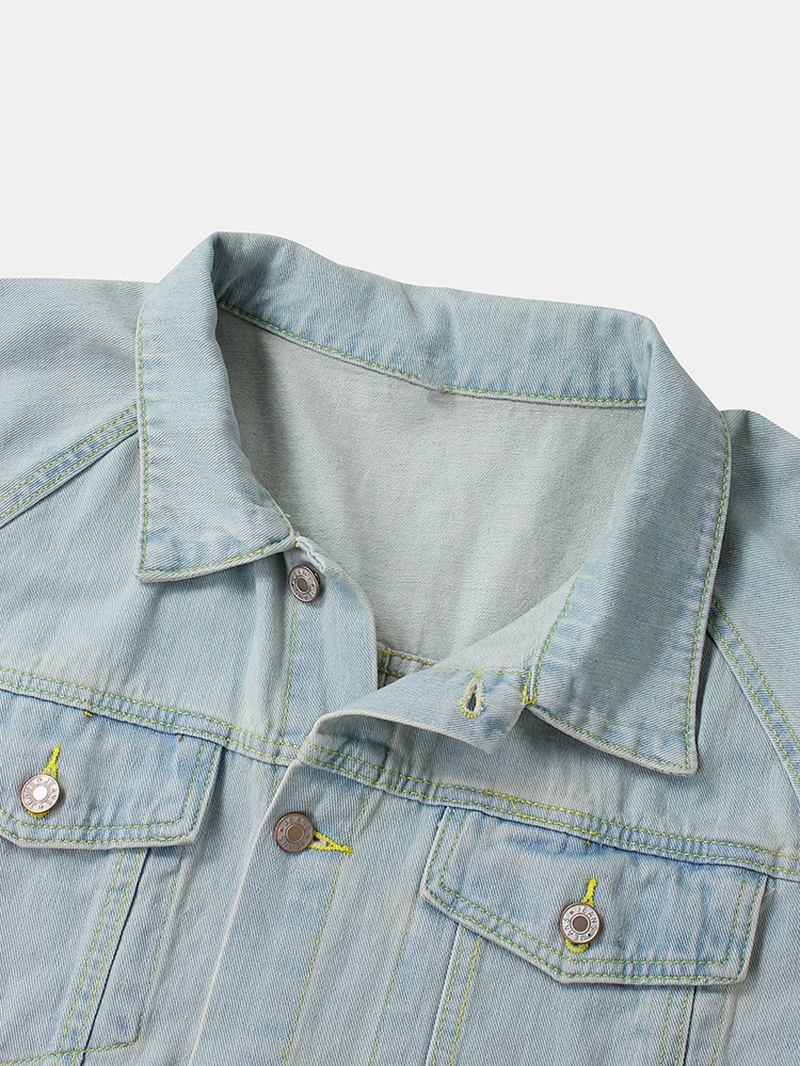 Herre Blå Lapellomme Langermet Vintage Denimjakke