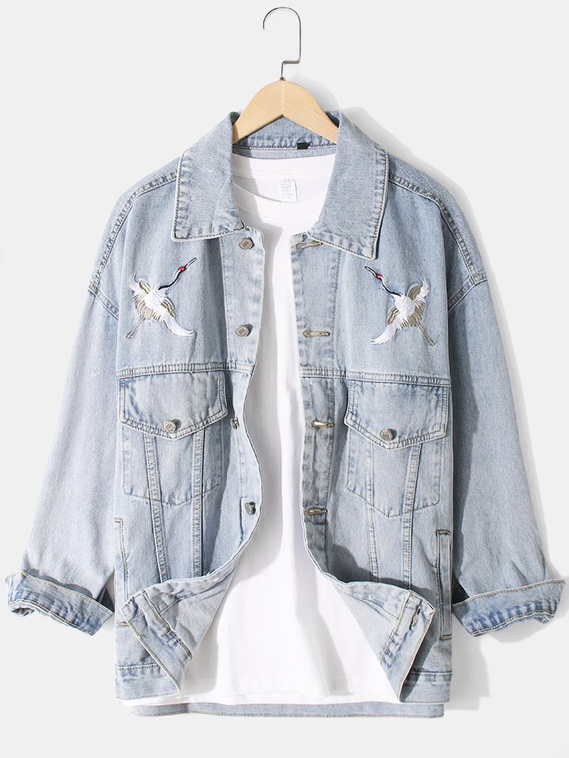 Herre Crane Brodery Faded Effect Cotton Outdoor Stilig Denimjakke Med Lomme