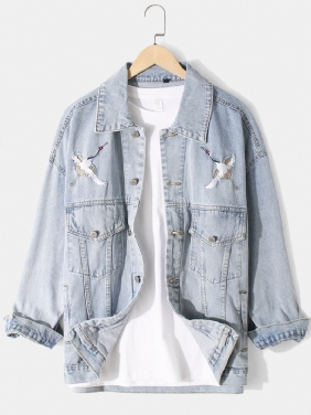 Herre Crane Brodery Faded Effect Cotton Outdoor Stilig Denimjakke Med Lomme