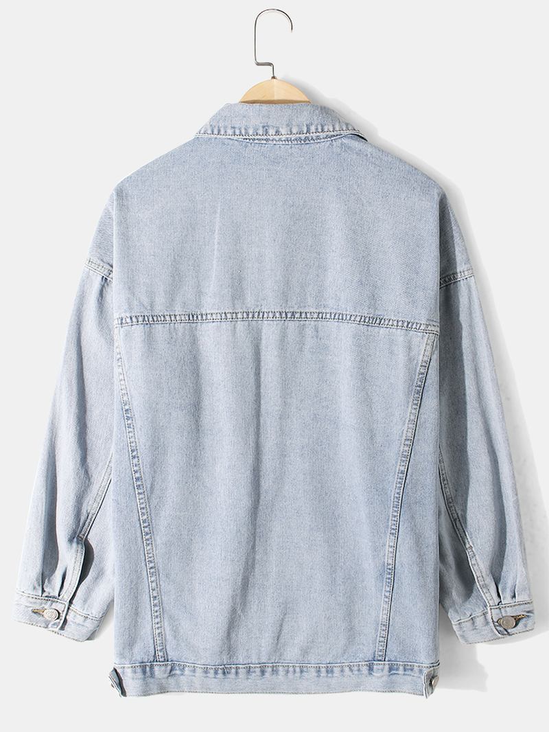 Herre Crane Brodery Faded Effect Cotton Outdoor Stilig Denimjakke Med Lomme