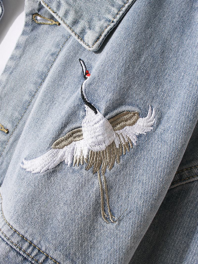 Herre Crane Brodery Faded Effect Cotton Outdoor Stilig Denimjakke Med Lomme