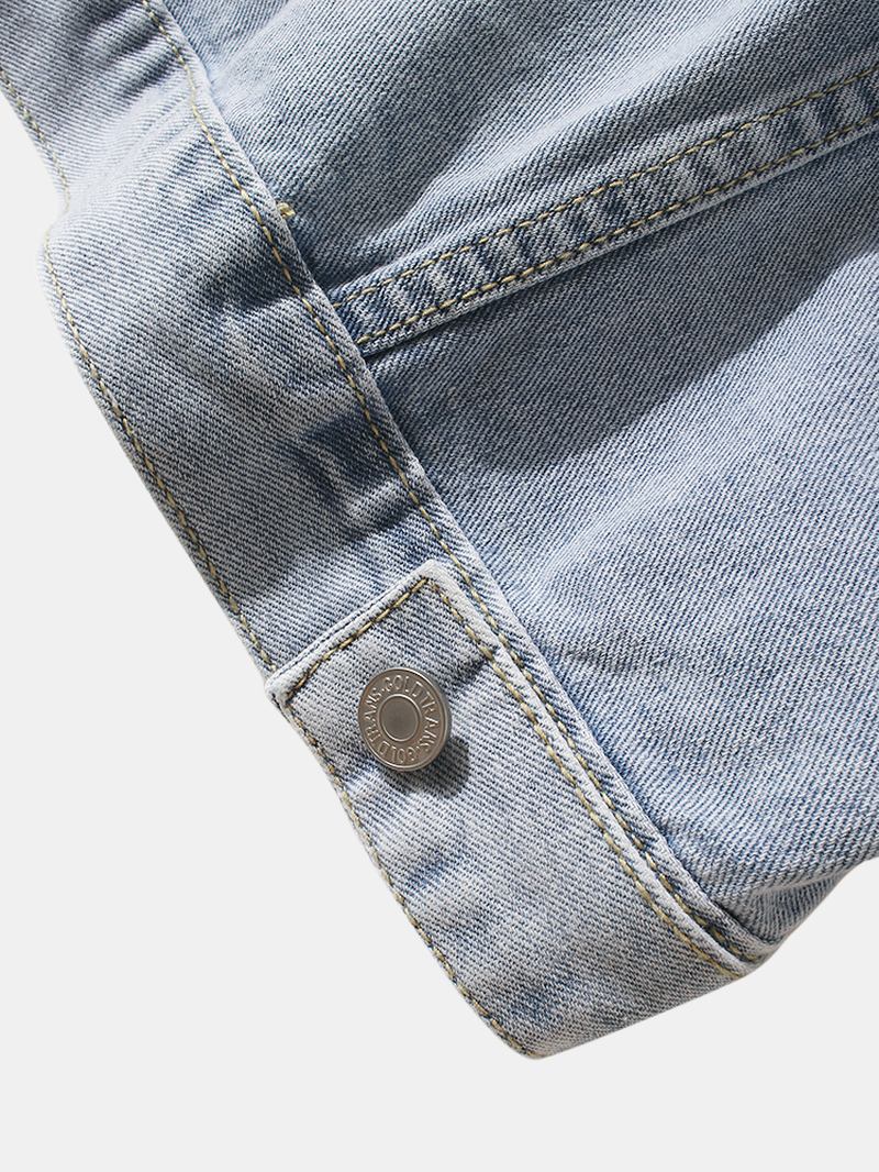 Herre Crane Brodery Faded Effect Cotton Outdoor Stilig Denimjakke Med Lomme