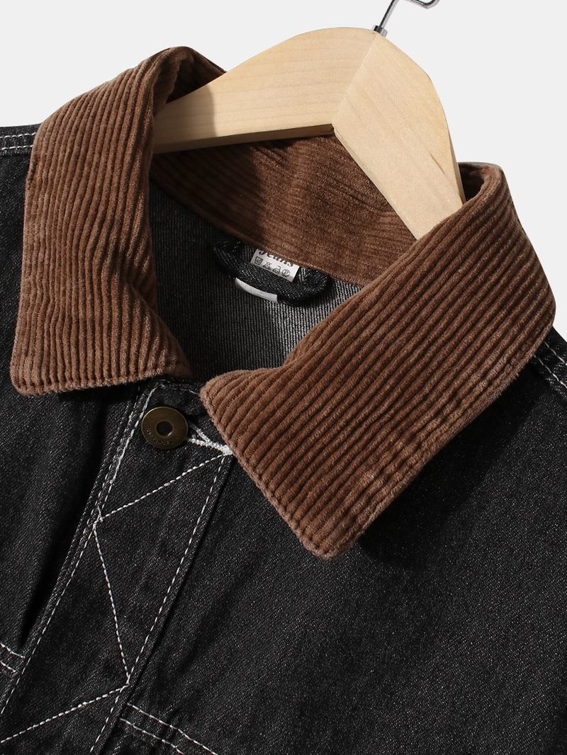 Herre Etikettmønster Patchwork Lapel Langermet Svart Denimjakke