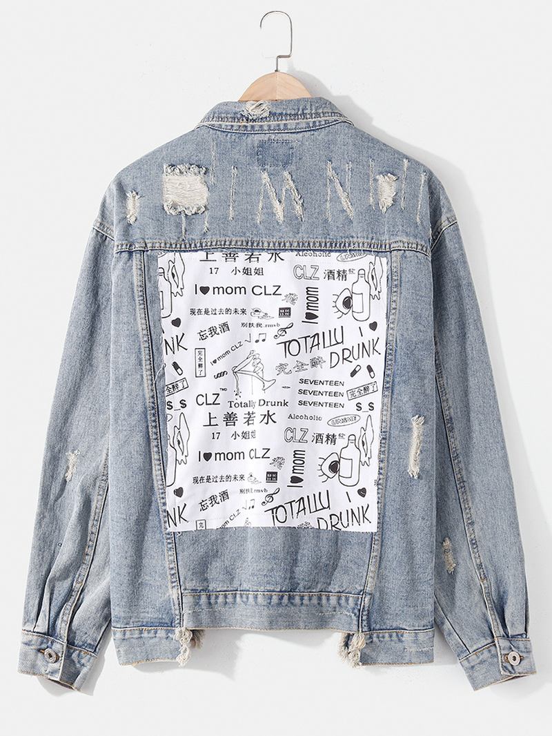 Herre Kinesisk Stil Tekst Tilbake Med Trykk Distressed Denim Jakke