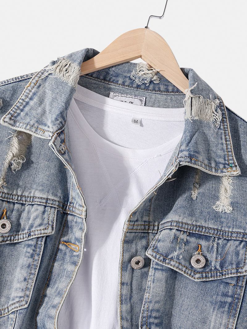 Herre Kinesisk Stil Tekst Tilbake Med Trykk Distressed Denim Jakke