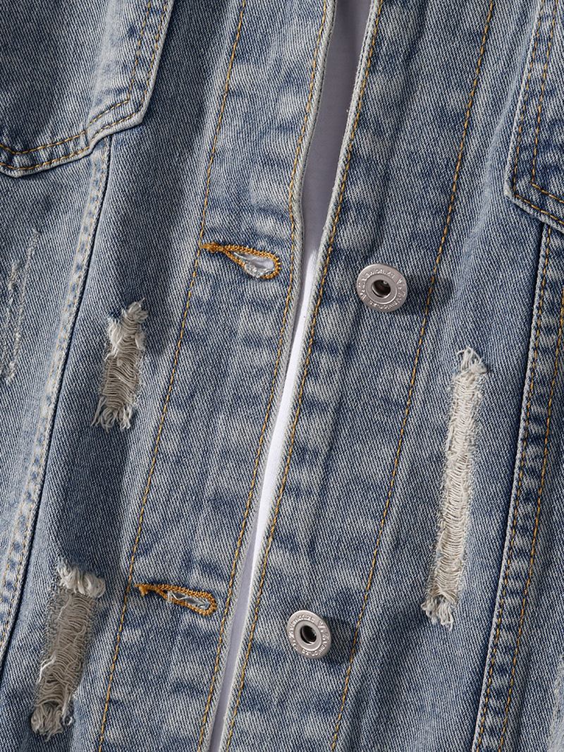 Herre Kinesisk Stil Tekst Tilbake Med Trykk Distressed Denim Jakke