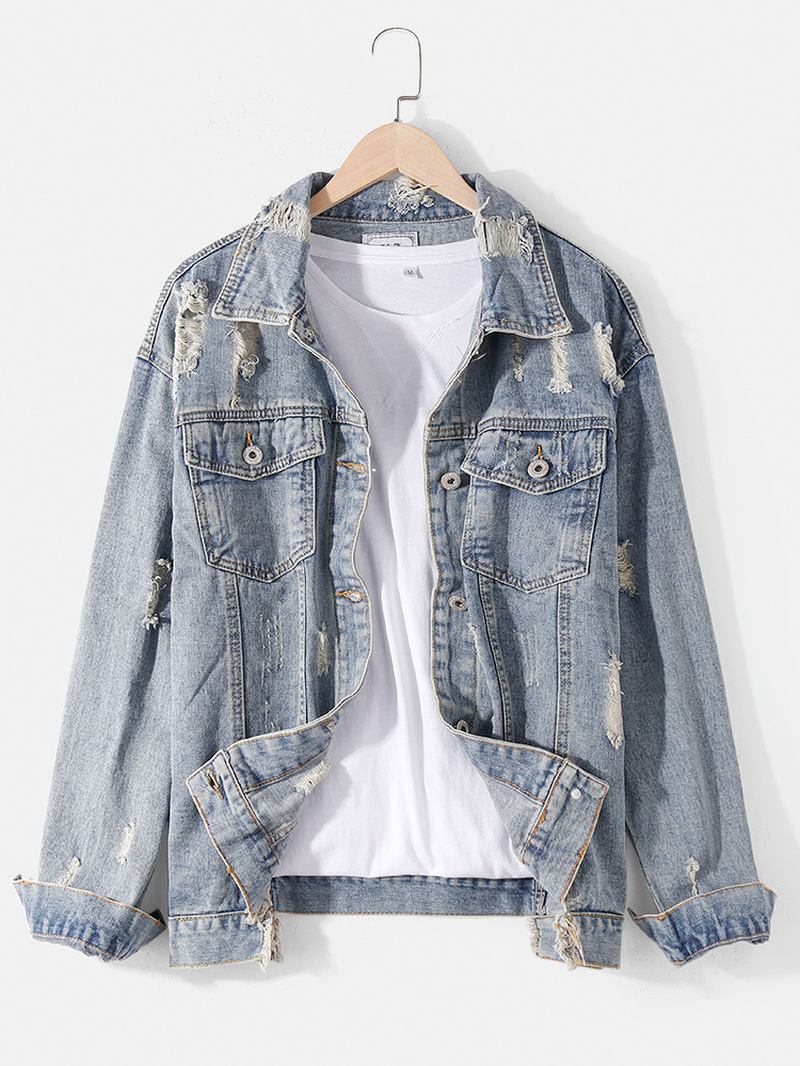 Herre Kinesisk Stil Tekst Tilbake Med Trykk Distressed Denim Jakke