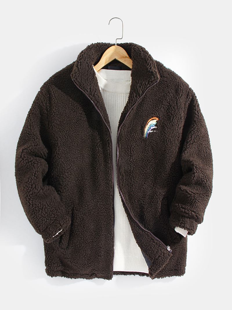 Herre Letter Rainbow Brodert Glidelås Front Fleece Varm Fritids Jacket