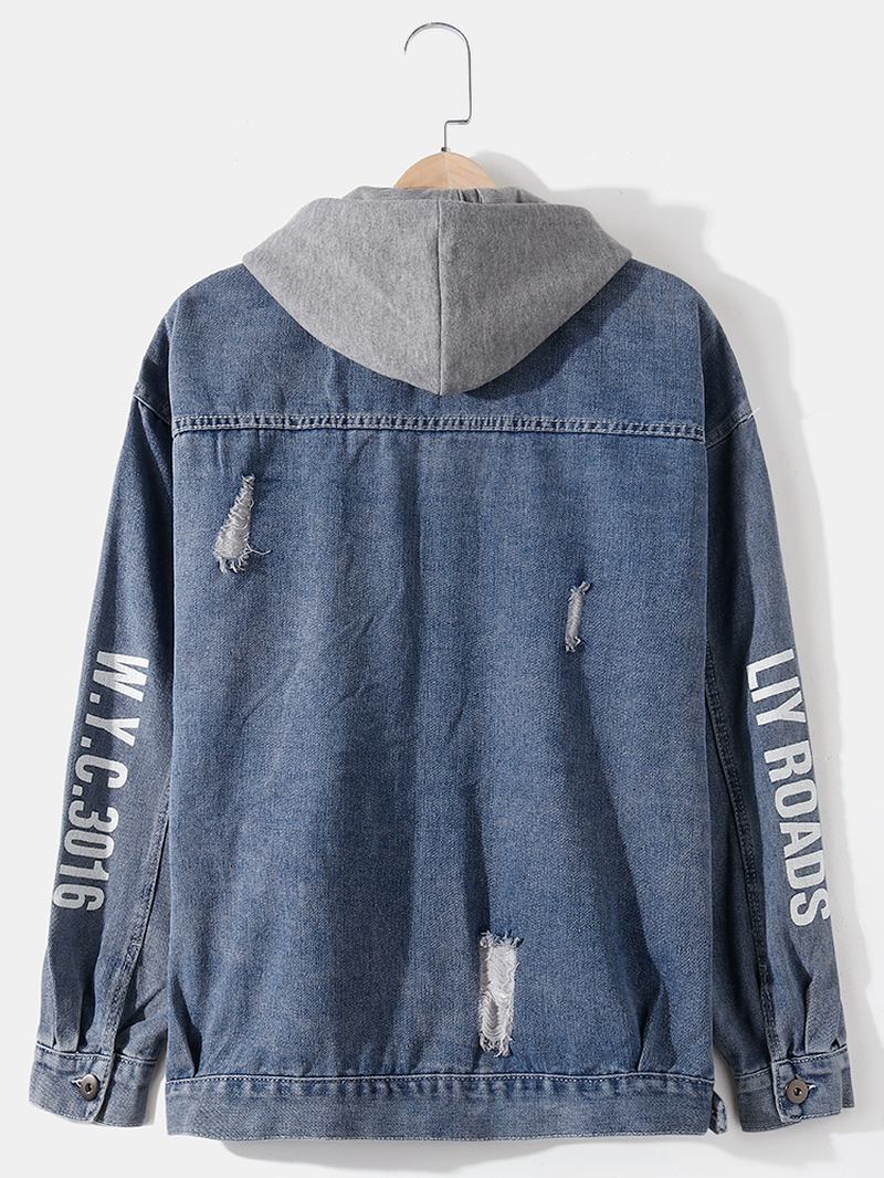 Herre Ripped Letter Sleeve Med Trykk Bomull Utendørs Stilig Hette Denimjakke