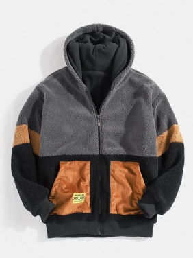 Herre Sherpa Fleece Patchwork Zip Up Bomull Fritids Hettejakke Med Lomme