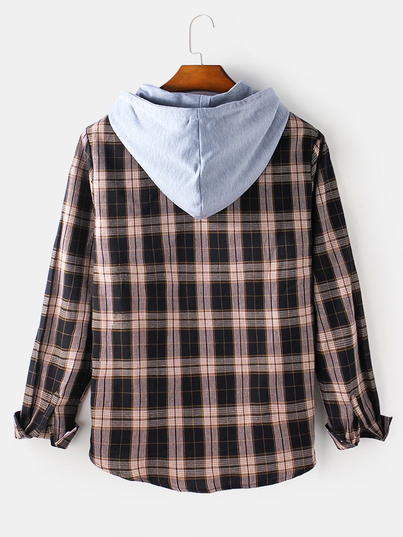 Herre Tartan Button Up Langermet Fritids Løs Hettejakke Med Snøring