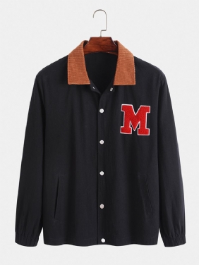 Menn Corduroy Patchwork Lapel Letter Button Up Lommer Peppy Jakker