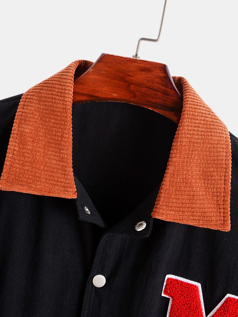 Menn Corduroy Patchwork Lapel Letter Button Up Lommer Peppy Jakker