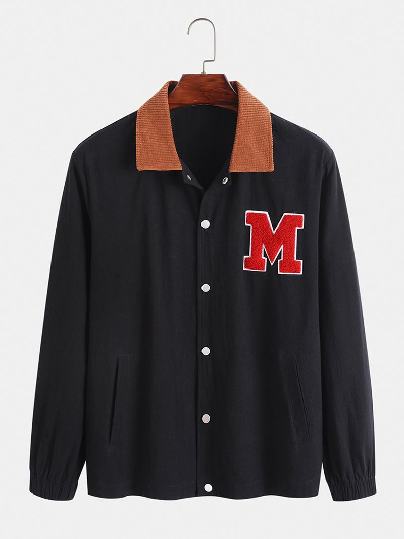 Menn Corduroy Patchwork Lapel Letter Button Up Lommer Peppy Jakker