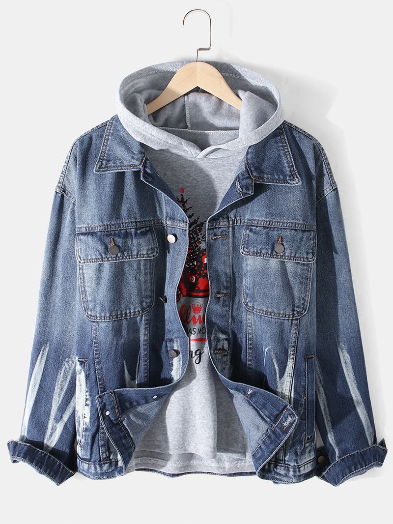 Menn Distressed Flap Pocket Lapel Langermet Cotton Denim Jacket