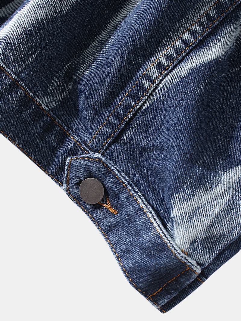 Menn Distressed Flap Pocket Lapel Langermet Cotton Denim Jacket