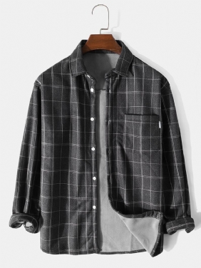 Menn Grid Lapel Brystlomme Langermet Warm Shirt Jacket