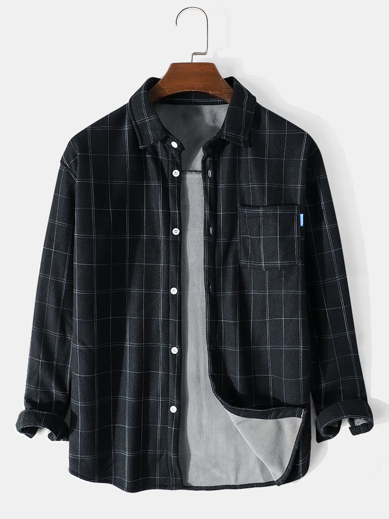 Menn Grid Lapel Brystlomme Langermet Warm Shirt Jacket