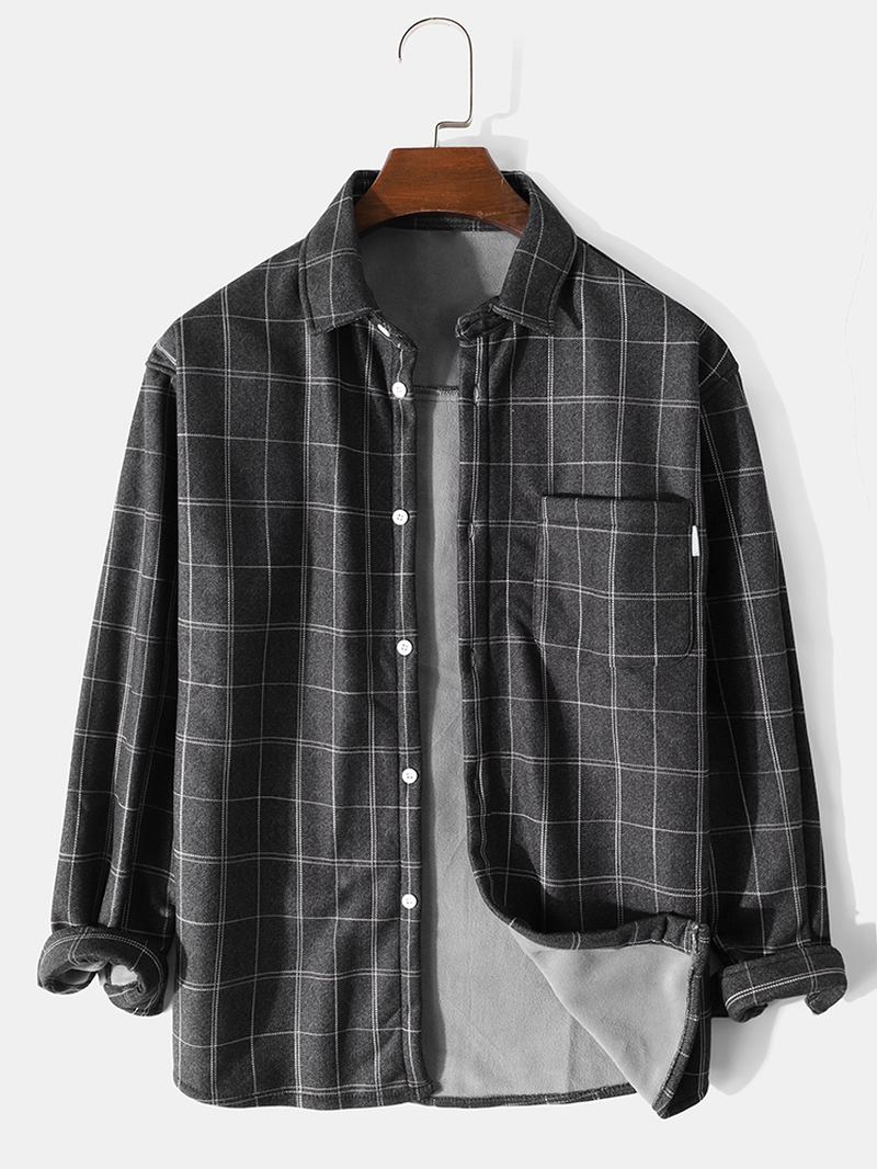 Menn Grid Lapel Brystlomme Langermet Warm Shirt Jacket