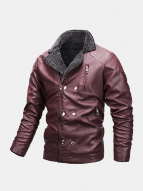 Menn Multi Pocket Glidelåsknapp Langermet Varm Pu Leather Biker Jacket