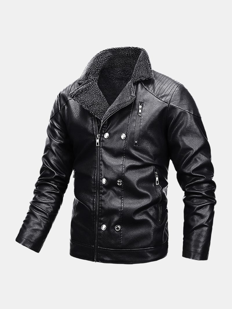 Menn Multi Pocket Glidelåsknapp Langermet Varm Pu Leather Biker Jacket