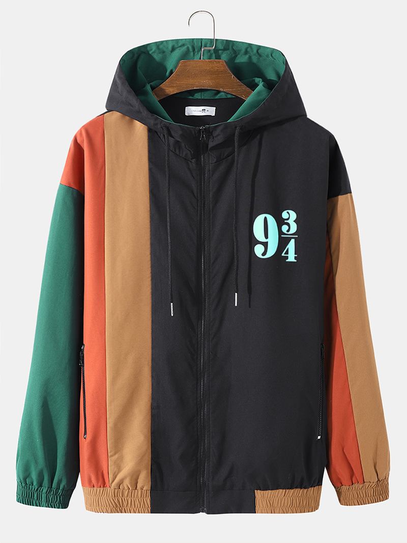 Menn Patchwork Color Block Med Trykk Full Zip Pocket Hettegensere Windbreaker Jakker