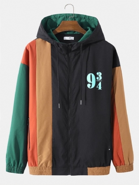 Menn Patchwork Color Block Med Trykk Full Zip Pocket Hettegensere Windbreaker Jakker