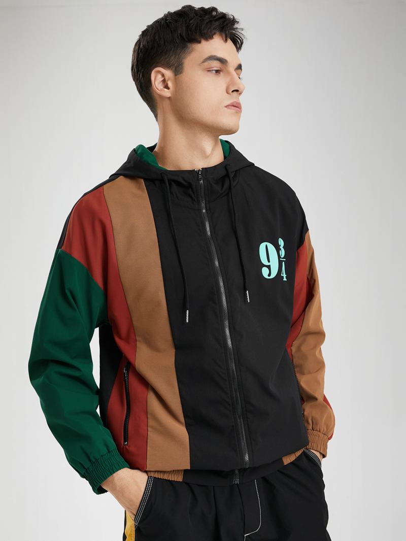 Menn Patchwork Color Block Med Trykk Full Zip Pocket Hettegensere Windbreaker Jakker