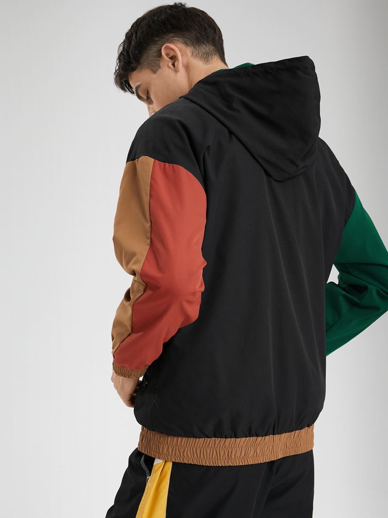 Menn Patchwork Color Block Med Trykk Full Zip Pocket Hettegensere Windbreaker Jakker