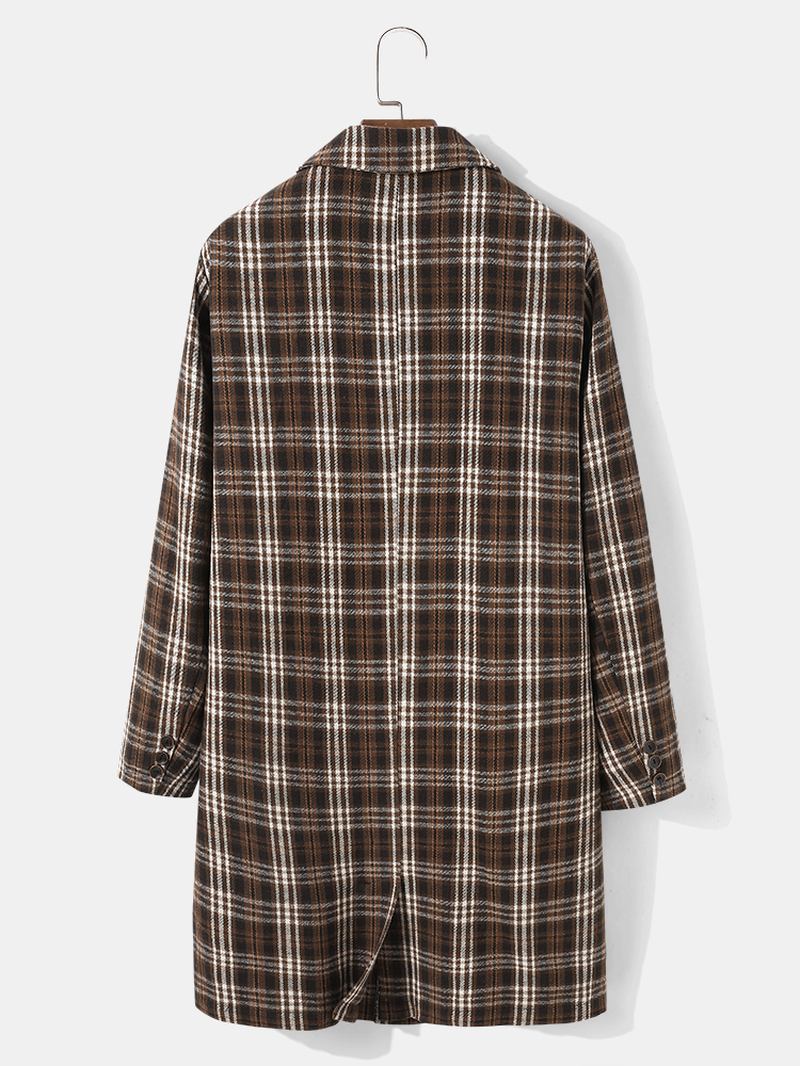 Menn Plaid Ull Single-breasted Flat Krage Lang Trench Lommer Causal Coats