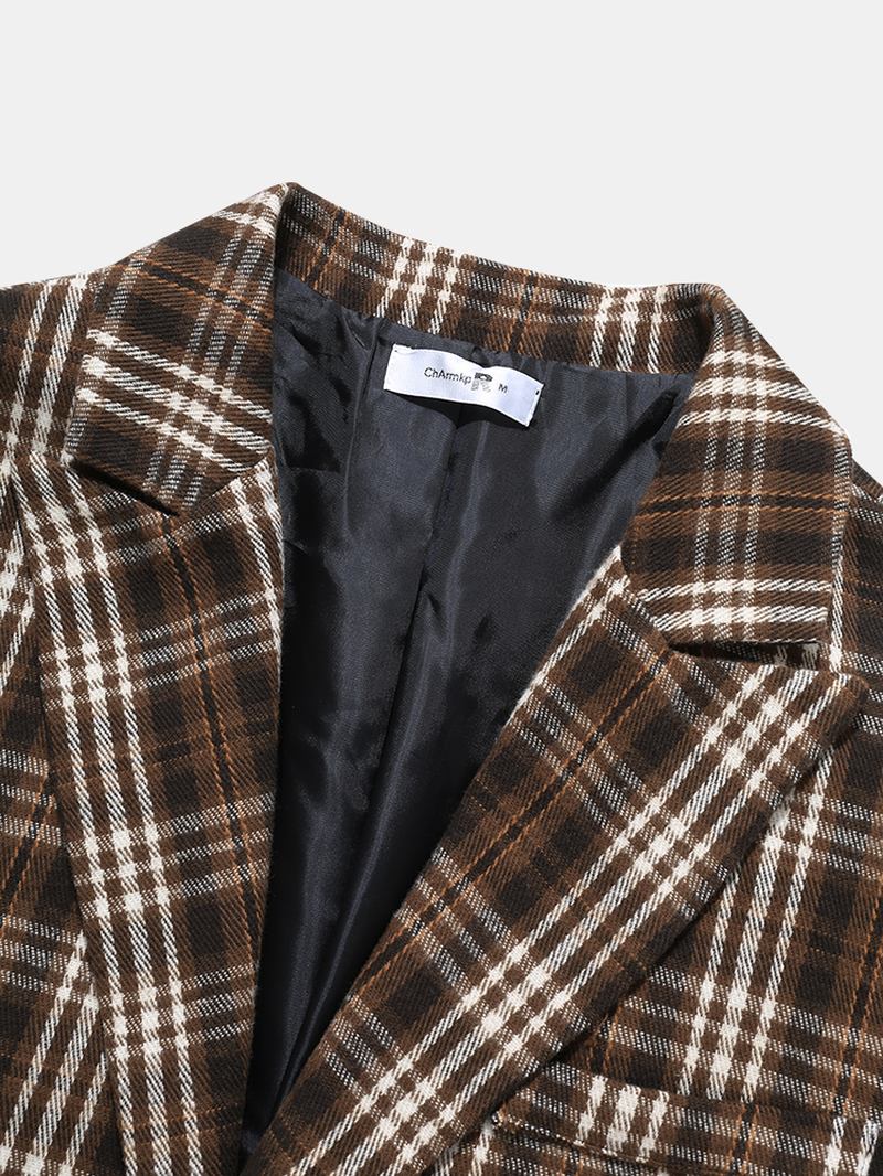 Menn Plaid Ull Single-breasted Flat Krage Lang Trench Lommer Causal Coats