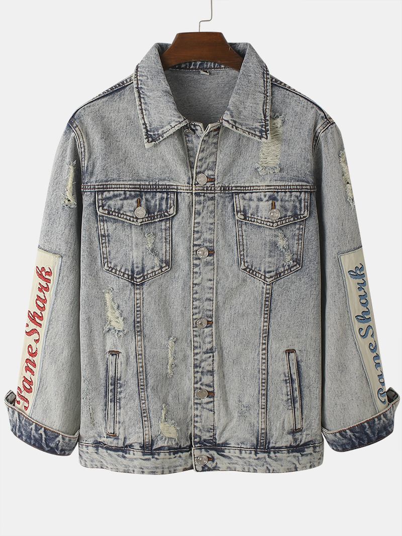 Menn Vintage Distressed Ripped Patch Uformell Bomull Dongerijakke