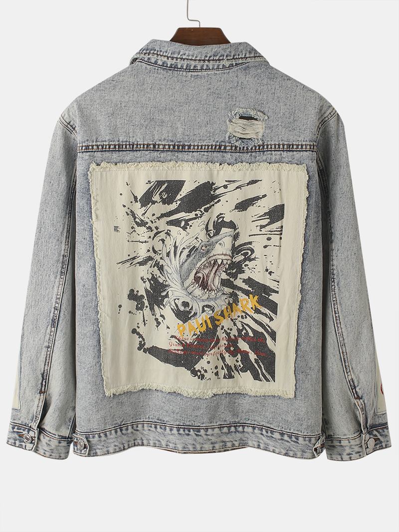 Menn Vintage Distressed Ripped Patch Uformell Bomull Dongerijakke