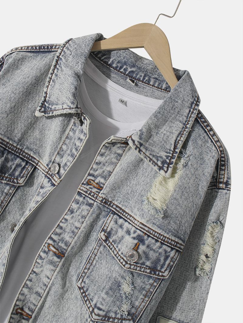 Menn Vintage Distressed Ripped Patch Uformell Bomull Dongerijakke