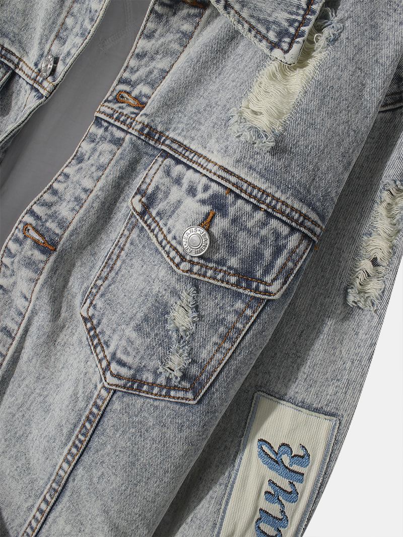 Menn Vintage Distressed Ripped Patch Uformell Bomull Dongerijakke