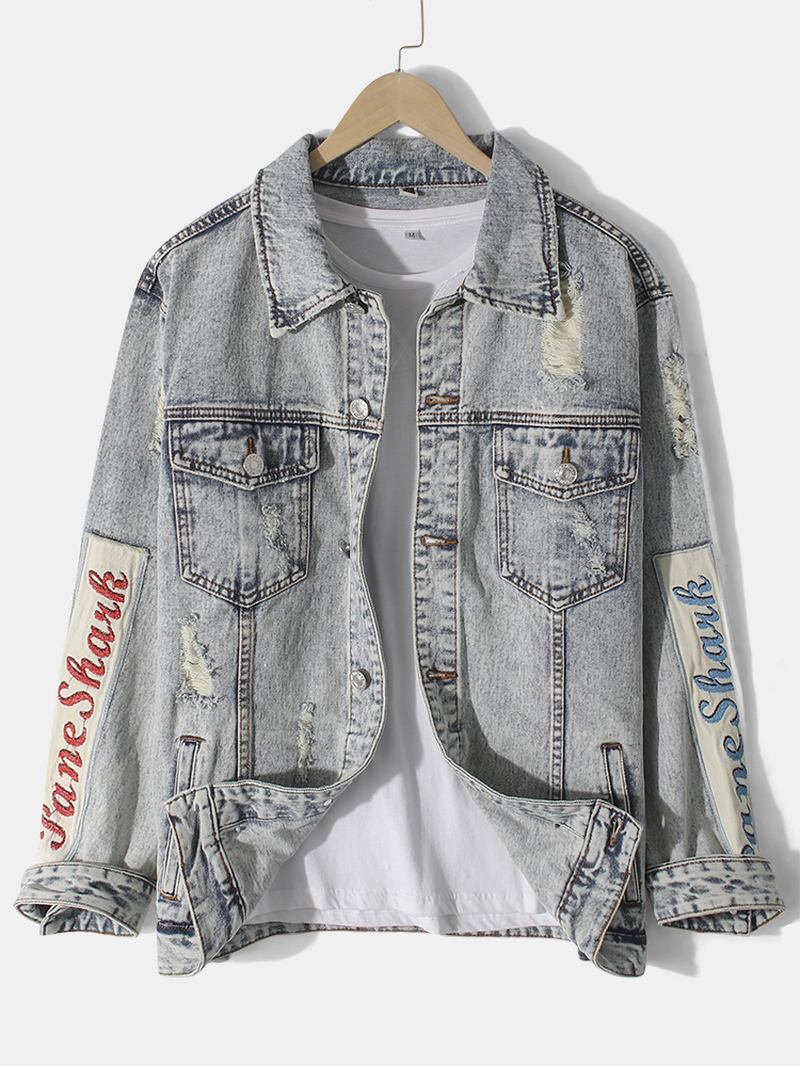 Menn Vintage Distressed Ripped Patch Uformell Bomull Dongerijakke